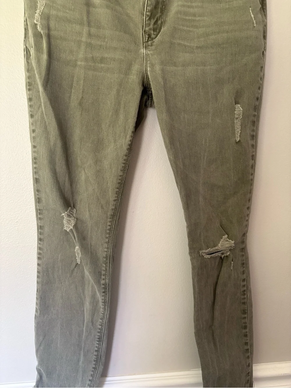 Express Olive Green Ankle Legging Midrise Jeans Cotton Blend And Distressed
